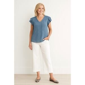 Adrianna Papell Double Flutter Short Sleeve Blouse Top Blue White Womens XL New